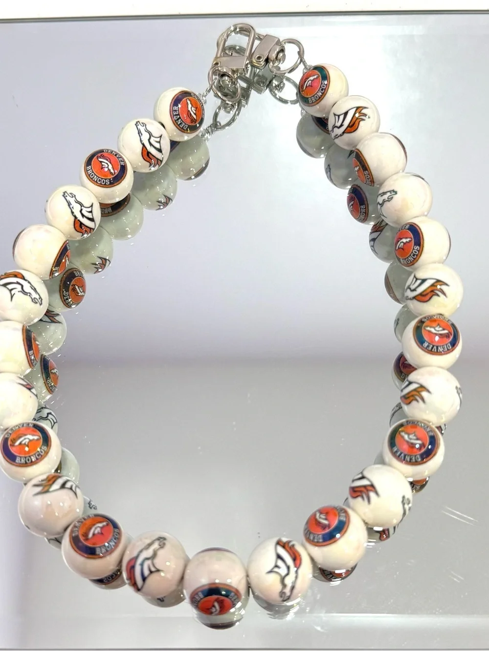 New Denver Broncos White Beaded Bag Chain 18 inches  with Logo Accents
